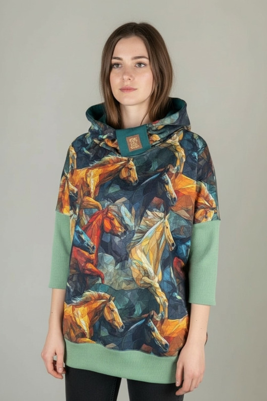 bluza z kapturem damska Bluza oversize Guna z witrażowym wzorem koni, rozmiar M