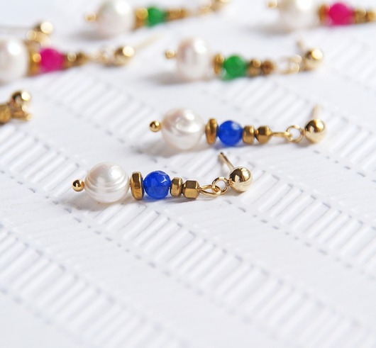 kolczyki pozłacane Urocze  kolczyki pozłacane : perły & jadeit : KOBALT: niebieskie