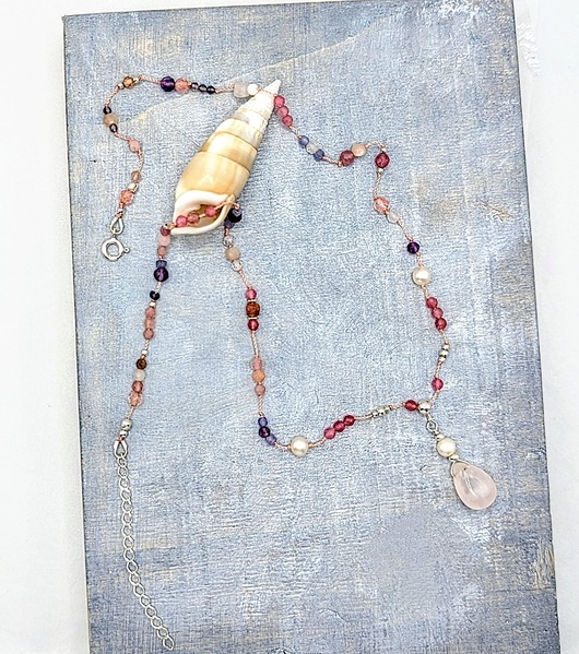 srebrne naszyjniki Kwarc różowy, turmalin, opal - naszyjnik znaków ziemii i powietrza