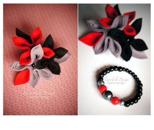 Red Black Grey bransoletka & broszka FlowerFelt Design