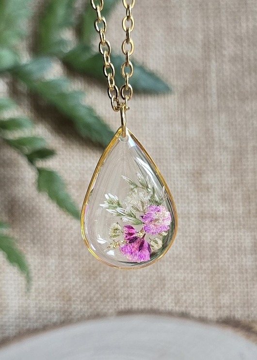 wisiory Złoty wisiorek prawdziwe kwiaty zawieszka łezka łza różowa