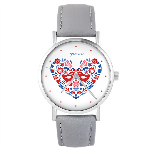 zegarki damskie Zegarek - Folkowe ptaszki - szary, skórzany