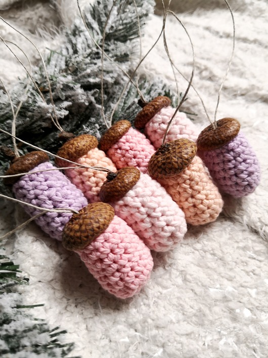 ozdoby choinkowe Pastelowe ozdoby choinkowe na szydełku zestaw, żołędzie na choinkę