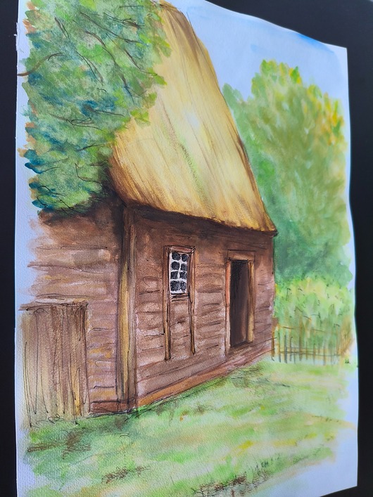 grafiki i ilustracje Skansen Wielkopolski Chata A3 Akwarela Metaliczna Unikat Wieś Zieleń