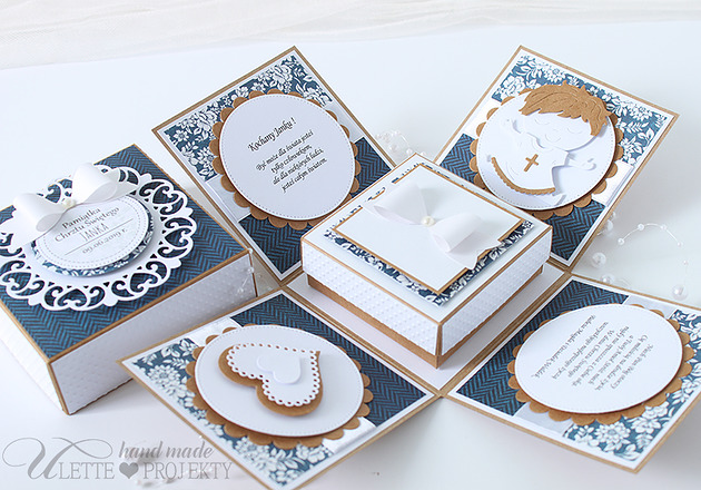 kartki, zaproszenia na chrzest Exploding box, prezent na chrzciny