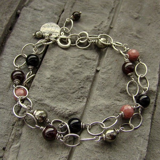 Turmalin, rodonit, granat, piryt - bransoletka RayOfArt