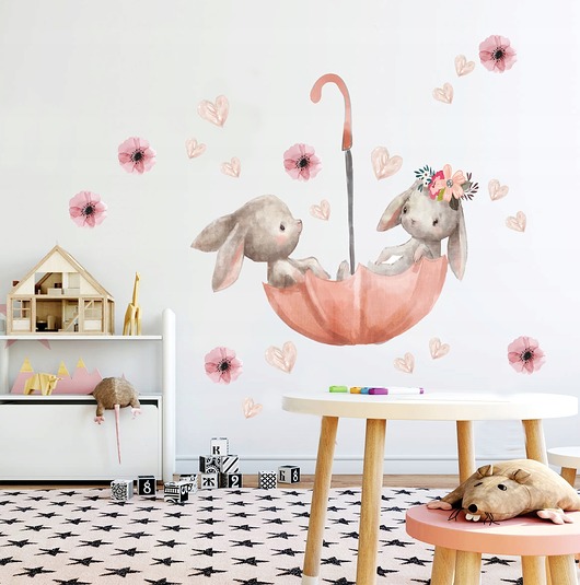 naklejki ścienne do pokoju dziecka Naklejki na ścianę Króliki XL Kwiaty Serca