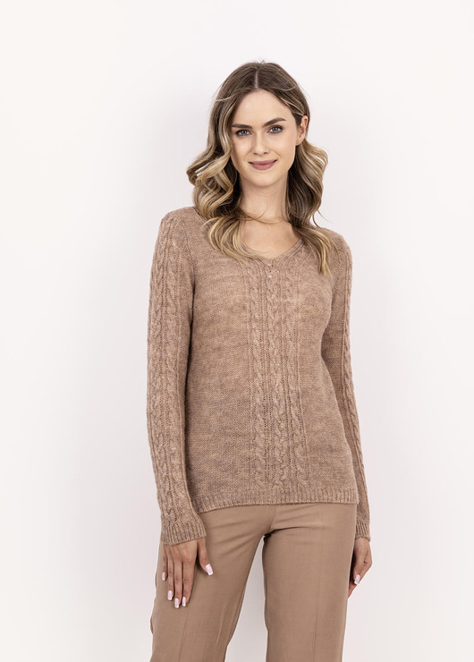 swetry damskie  Sweter z warkoczami - SWE335 mocca MKM