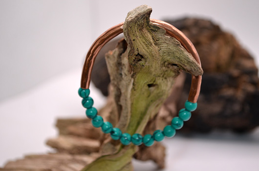 bransoletki - inne Bransoletka miedziana handmade z koralikami: turkusowy 2