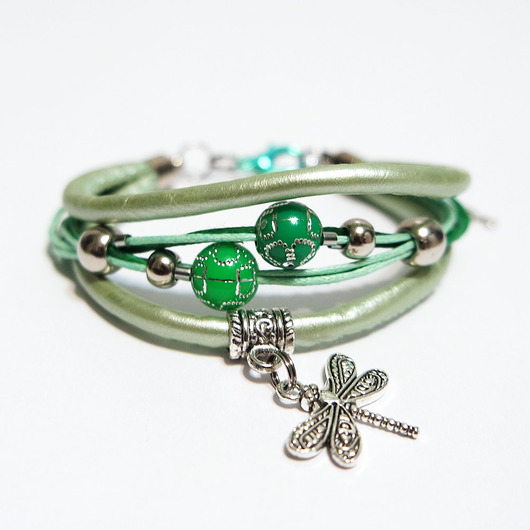 bransoletki - inne Bransoletka - Zielona ważka - rzemienie