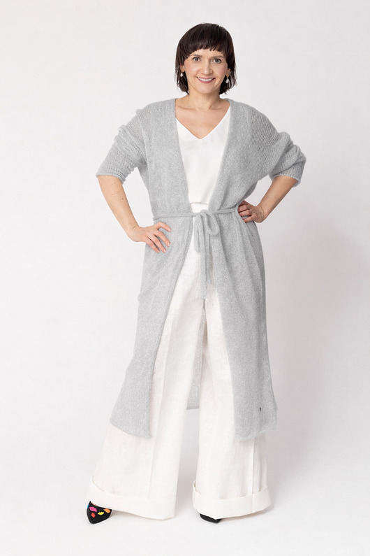 kardigany damskie Długi kardigan wełniany z paskiem - Jasny szary