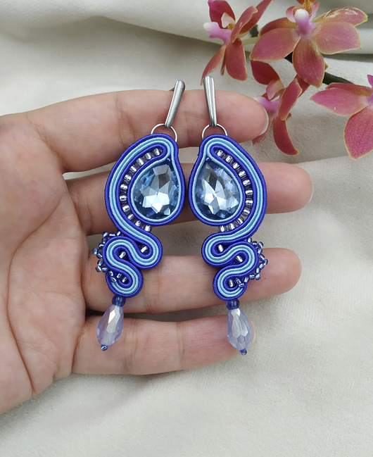 kolczyki soutache Długie kolczyki sutasz na wesele, błękitne eleganckie kolczyki