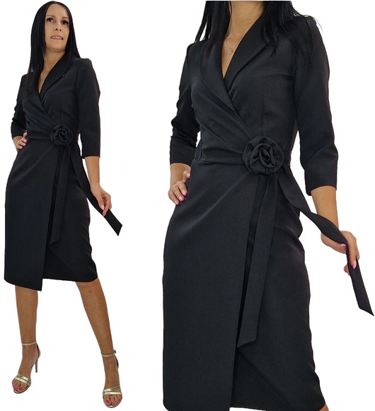 sukienki midi damskie Elegancka czarna   Kopertowa sukienka z różą 34-50