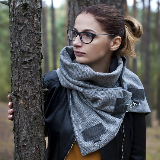 Szal wełna w jodełkę ze skórą Unisex -Szary Green Sheep