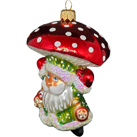 bombki Ręcznie malowana szklana bombka zielony Mikołaj z grzybowym kapeluszem