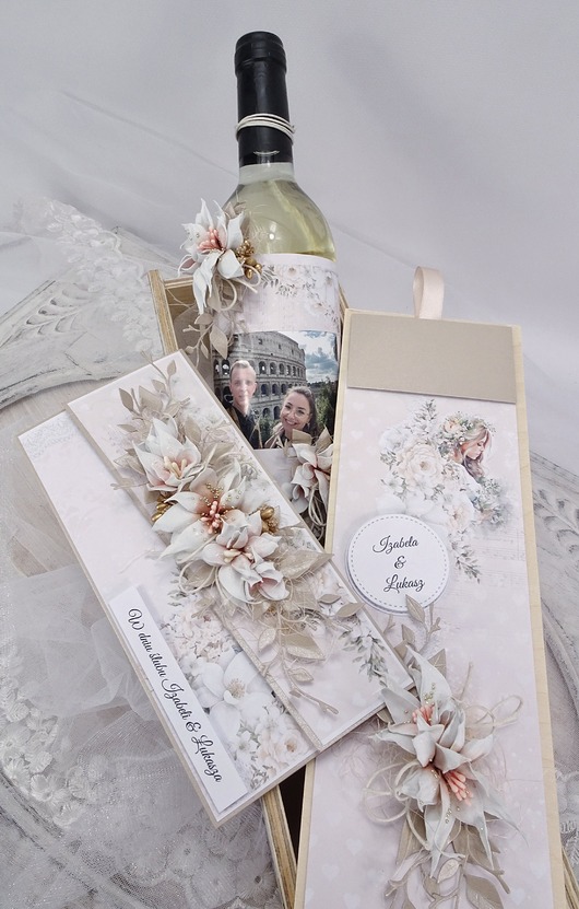 kartki scrapbooking Kartka ślubna w pudełku i skrzynką na wino
