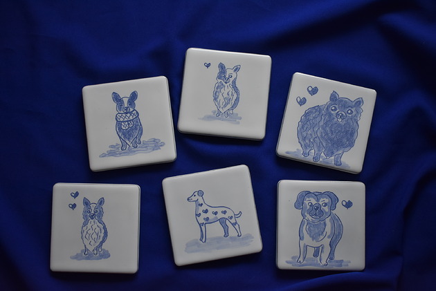 podkładki do kuchni Podkładki pod kubki kafelki psy kobaltowe