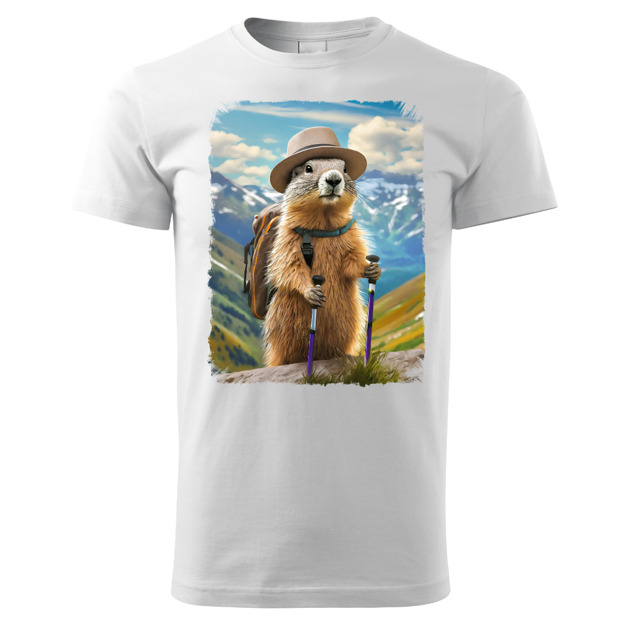 t-shirty męskie Tatra Art świstak na górskim szlaku z plecakiem  kapeluszem męska koszulka v3