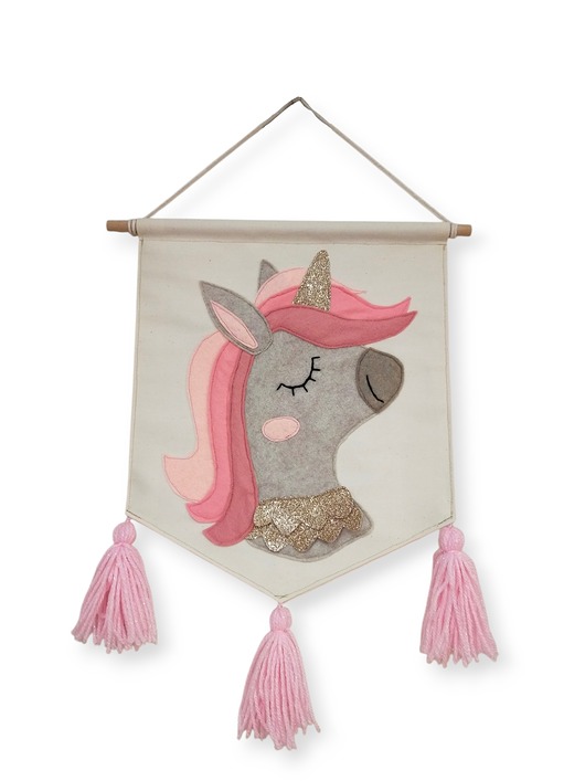 pokój dziecka - różne Flaga ścienna handmade ,jednorożec z falującą różową grzywą, proporczyk