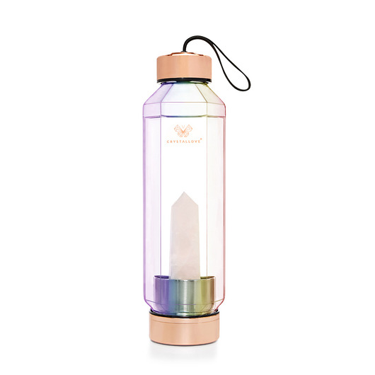 butelki wielorazowe Szklana butelka na wodę z kwarcem różowym HEXAGON 650ml - hologram