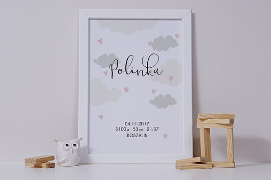 Metryczka fioletowe serduszka PAPIEROWA GRUSZKA