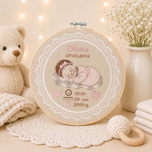 obrazy i plakaty do pokoju dziecięcego Haftowana personalizowana metryczka, pamiątka narodzin w oprawie 20 cm