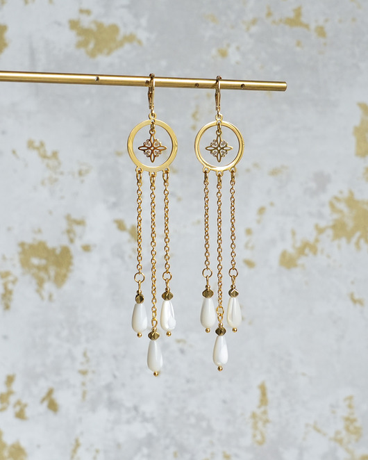 kolczyki z kamieniami Długie kolczyki z masą perłową i ażurowymi zawieszkami