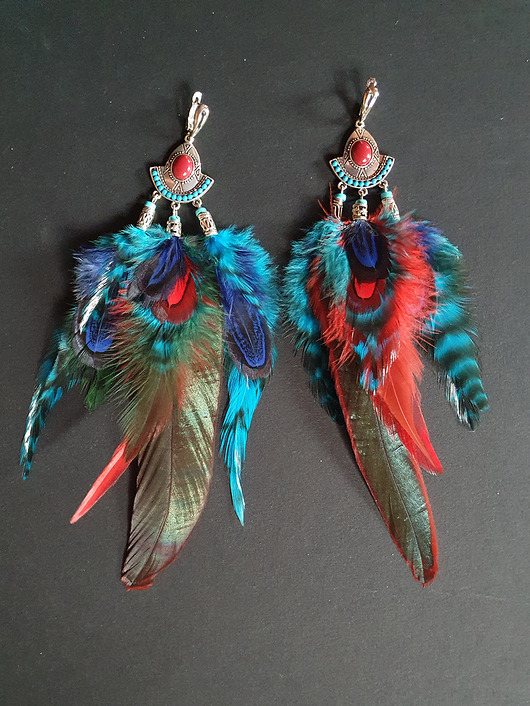 kolczyki z piórami Długie kolczyki z kolorowych piór - turkus i czerwień+