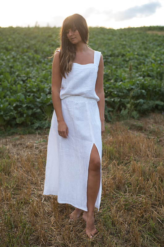 spódnice maxi Lniana biała maxi spódnica z rozcięciem