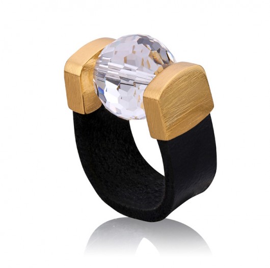 Disco Ball Black Leather Ring in Gold Joccos Design