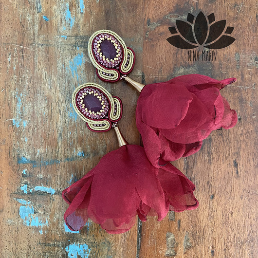 kolczyki soutache maki bordowe  - kolczyki sutasz