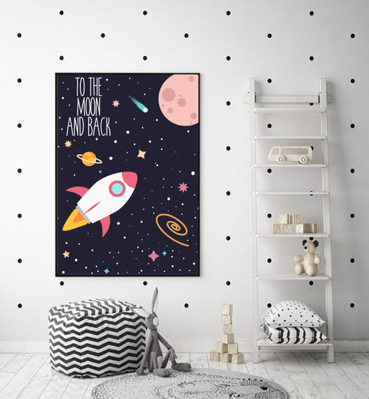 obrazy i plakaty do pokoju dziecięcego PLAKAT KOSMOS rakieta księżyc do pokoju dziecka