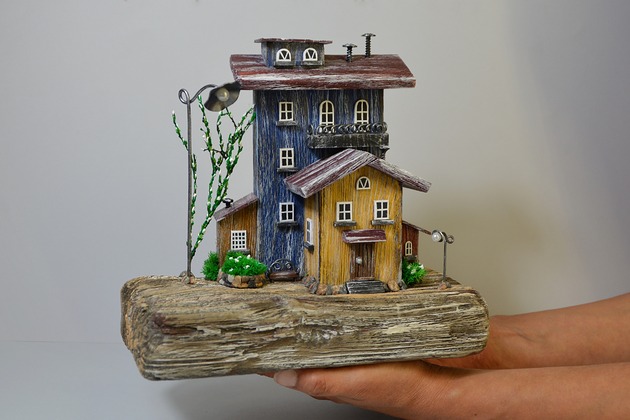 figurki i rzeźby Rustykalny domek z drewna ręcznie robiony wystrój domu