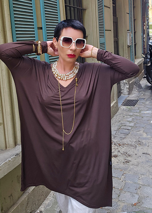 tuniki damskie Tunika oversize V czekolada