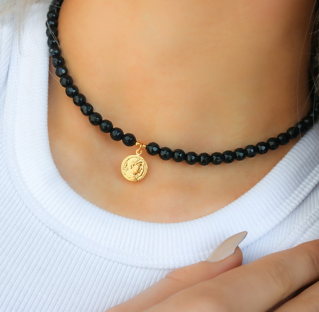 chokery Choker "Coin" z onyksów- srebro 925 pozłacane
