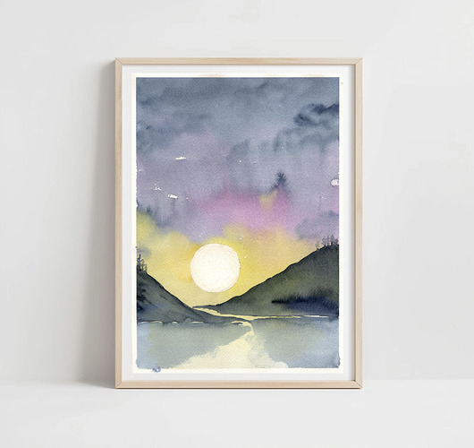 obrazy Oryginalna akwarela.  Zachód słońca  A4