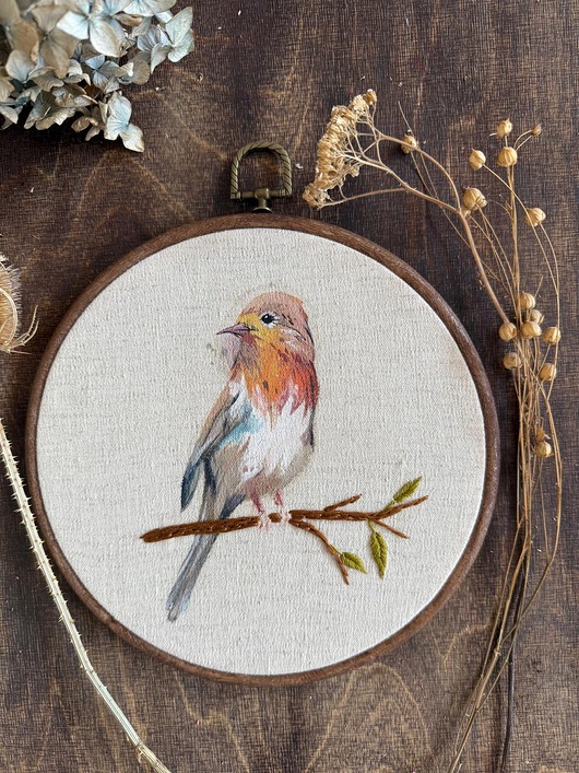 Ozdoby na ścianę Ręcznie malowany oraz haftowany "Ptak na gałęzi"