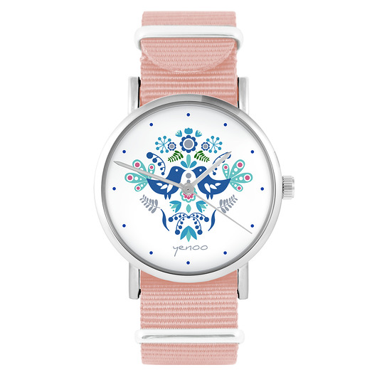 zegarki damskie Zegarek - Ptaszki folkowe blue - brzoskwiniowy róż