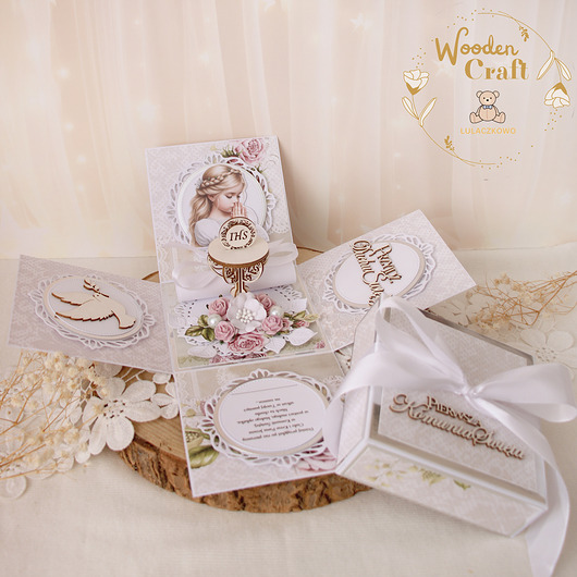 kartki na komunię Exploding box komunijny, kartka na komunię "Zapach Róży" GOTOWY