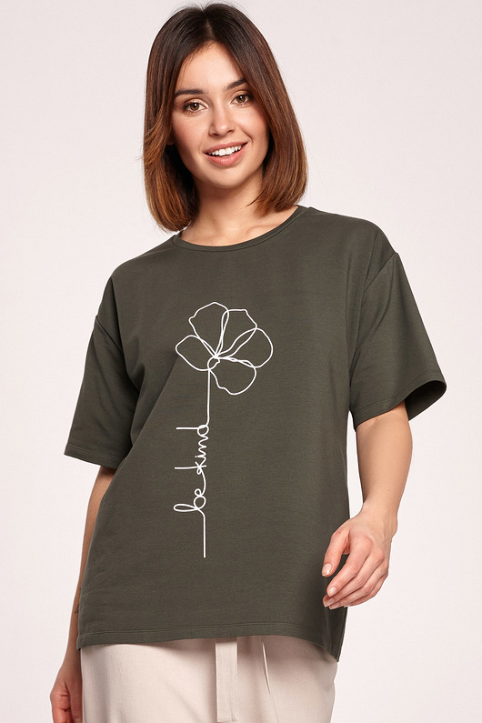 T-shirt z sitodrukiem-militarna zieleń(B-187) Be