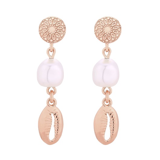 kolczyki pozłacane Długie kolczyki z różowego złota z muszelkami i perłami SWAROVSKI CRYSTAL