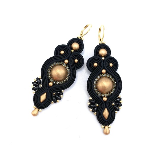 kolczyki soutache Orina złoto czarne wiszące wieczorowe kolczyki sutasz