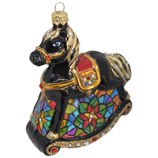 bombki Ręcznie malowana bombka szklana czarny konik na biegunach z wzorem witrażu