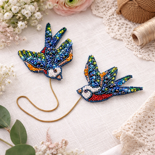 broszki Jaskółki broszki połączone łańcuszkiem