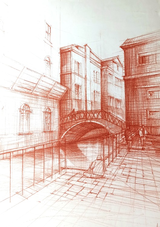 grafiki i ilustracje WYPRZEDAŻ RYSUNKÓW! Rysunek Ulice Wenecji 50x70 cm Kredka Sangwina