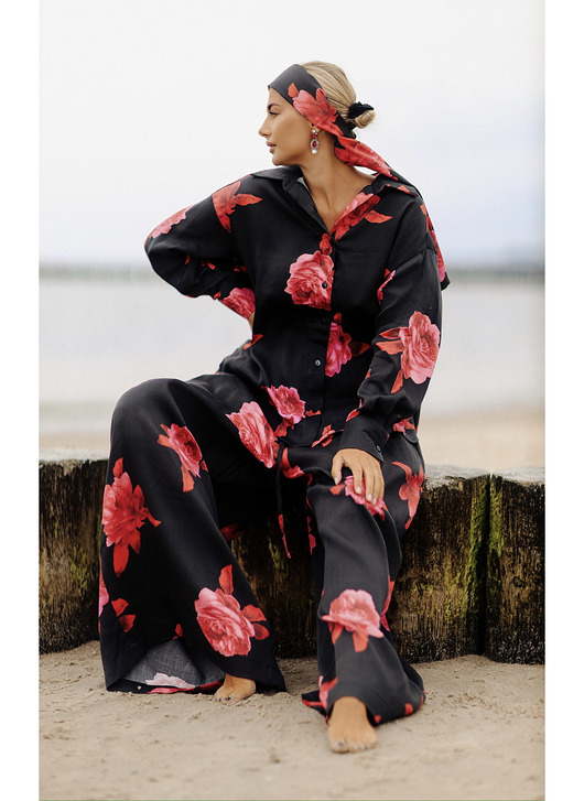 komplety damskie CS - Wiskozowy komplet oversize ROSE czarny w czerwone róże