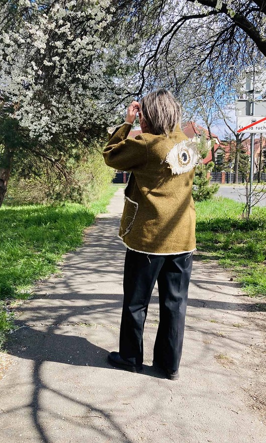 marynarki damskie Kimono wełna bawełna patchorkowe oko z frędzlami na plecach.