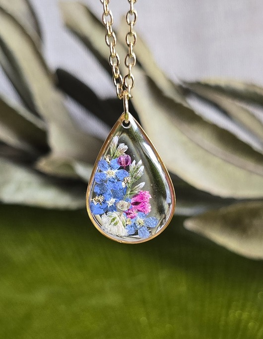 wisiory Złoty wisiorek prawdziwe kwiaty zawieszka łezka łza niezapominajki