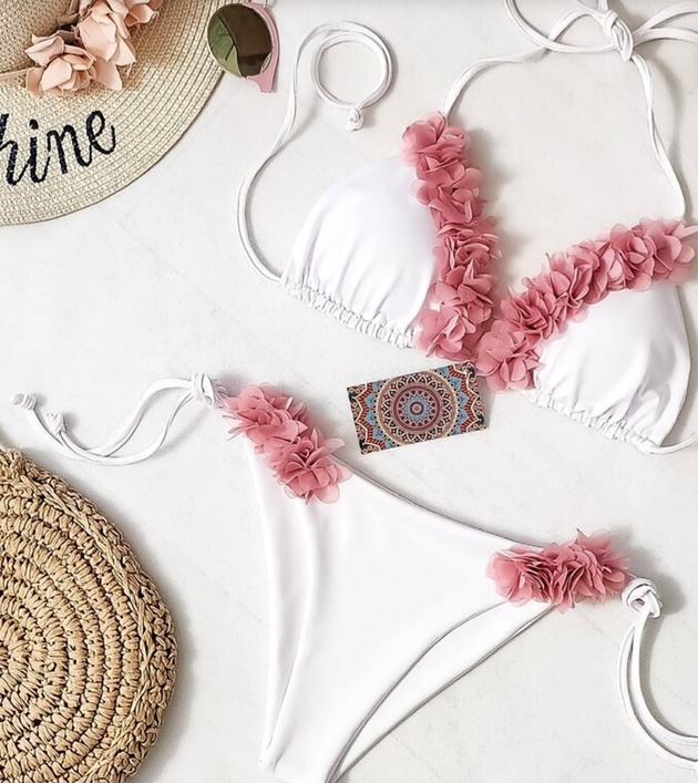 stroje kąpielowe i kostiumy kąpielowe damskie Bikini białe kwiaty 3d