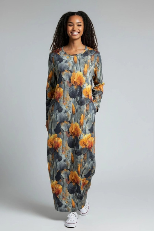 sukienki midi damskie Sukienka midi w irysy L 40 dresowa kieszenie rękaw 7/8 Auri Lili Dharana